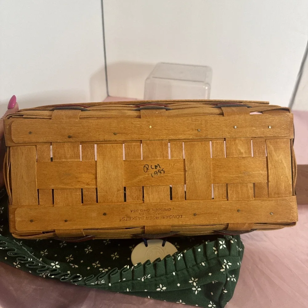 Longaberger Bread Basket 1994 Green Fabric Liner Divider Welcome Tag Bread Brick